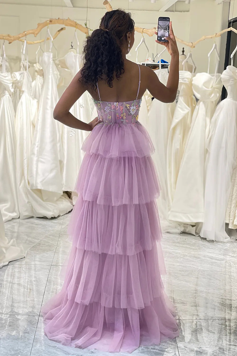 Wholesale Mauve A-Line Long Tiered Tulle Prom Dress With Embroidery prom dresses with long sleeves
